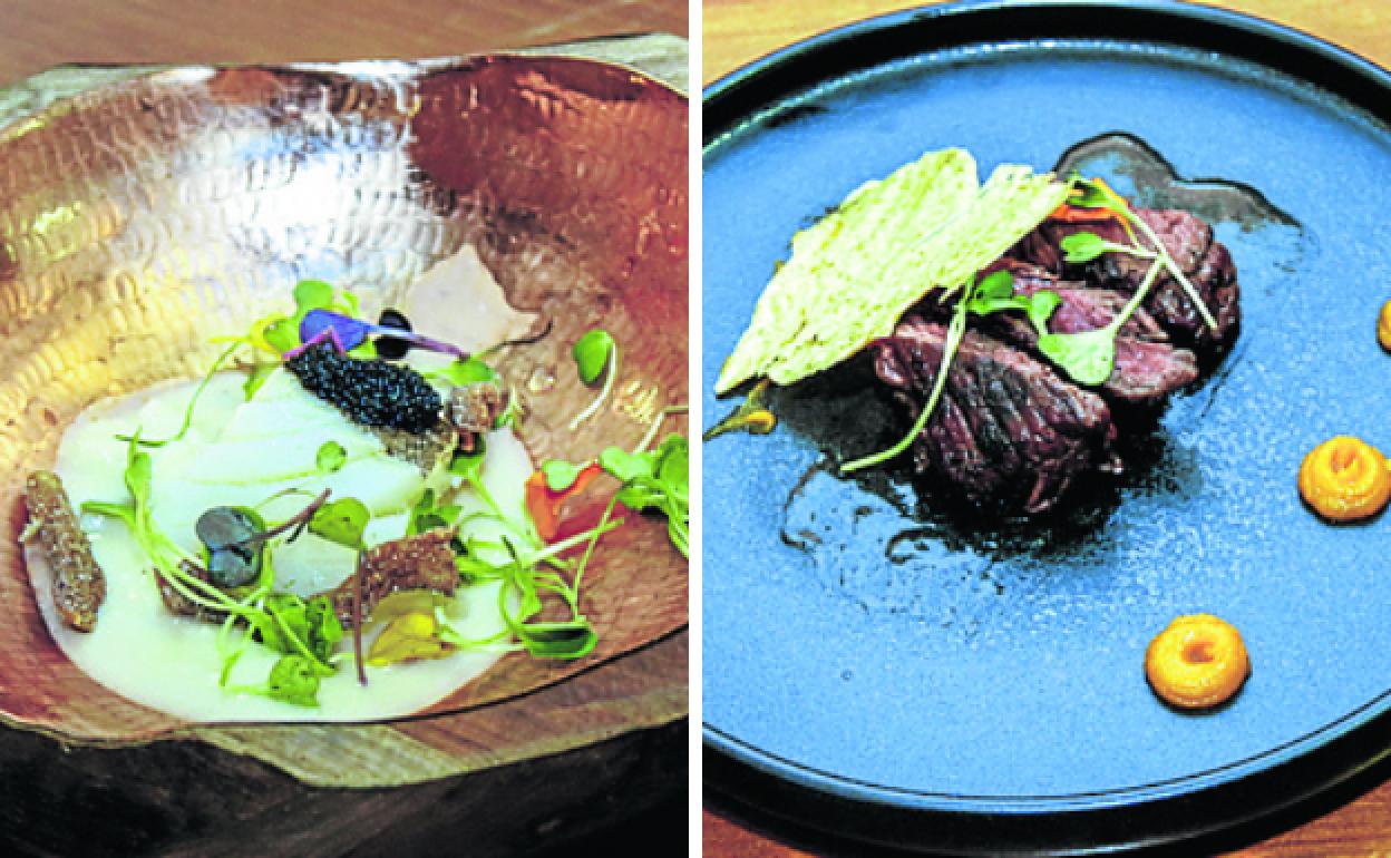 Bacalao Giraldo y coliflor y 'onglet' a la parrilla con cristales de patata.