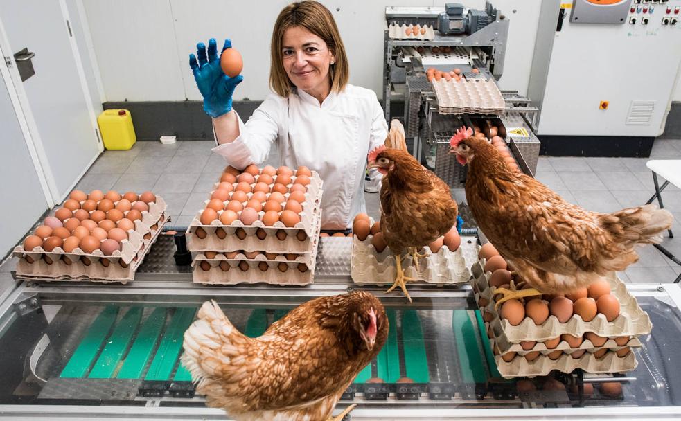 Ainhoa muestra los huevos ecológicos y sus gallinas.