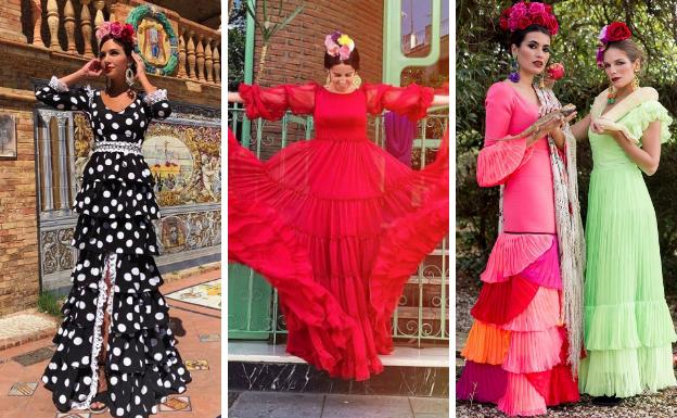 Tres modelos de flamenca 'made in' Sevilla por Aurora Gaviño, Pilar Vera y Rocío Peralta. 