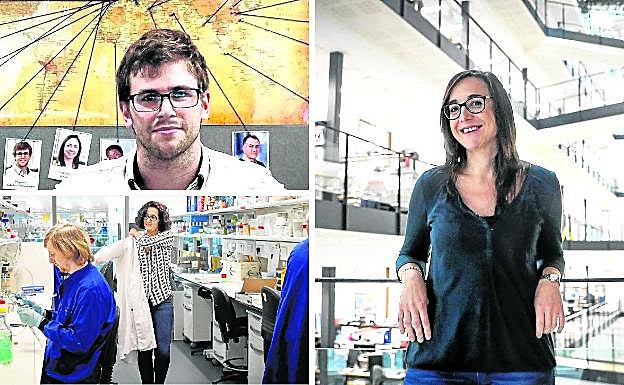 Españoles en el meollo. Arriba, la científica Patricia Barral, en el King's College de Londres. A la derecha, la química Itziar Peñafiel, en Manchester, y el ingeniero electrónico Miguel Cacho, en la capital británica. 