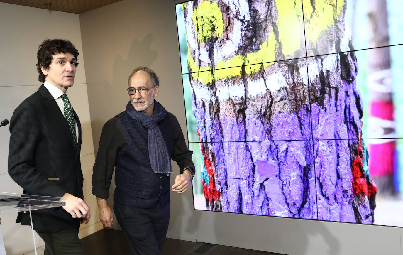 El diputado general, Unai Rementeria, y José Ibarrola, hijo del artista vasco Agustín Ibarrola, durante su reunión de este miércoles para hablar del futuro del bosque de Oma. 