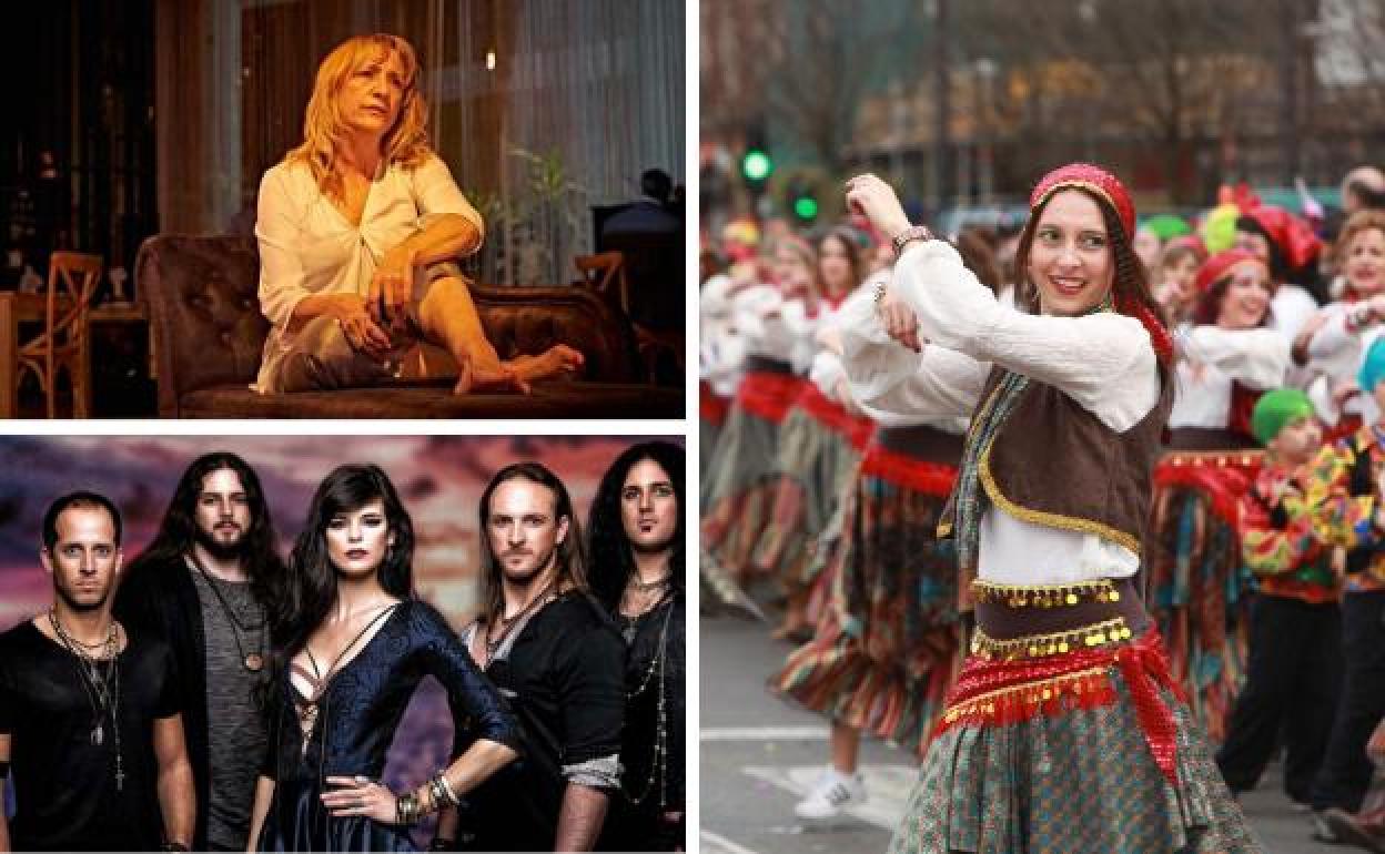 Arriba, Blanca Portillo, que actúa en el Principal. Abajo, la banda Visions of Atlantis, que tocará en el Urban Rock Concept. A la izquierda, desfile de Carnaval. 