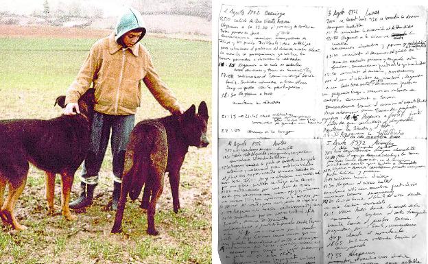 A Jorge le encantaban los animales. En la imagen, con los dos perros que tenían sus abuelos maternos en su casa de San Vicente de Arana. A la derecha, Aficionado a la escalada, le gustaba el monte. En ocasiones documentaba en un diario sus escapadas con la cuadrilla de amigos.