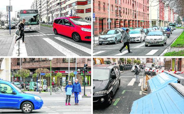 Arriba a la izquierda, Iruña Veleia. El autobús deja pasar a una joven en esta calle de Zabalgana muy transitada por niños. A su derecha, Antonio Machado, 17. Este punto concentra atropellos graves debido a que los conductores no respetan el paso. Abajo a la izquierda, Avenida Gasteiz. Sus dos tramos de semáforos se ponen en verde de forma alterna, lo que genera confusión entre los peatones. A su derecha, Obras y contenedores. Estos elementos temporales y las furgonetas de gran tamaño pueden dificultar la visión. 