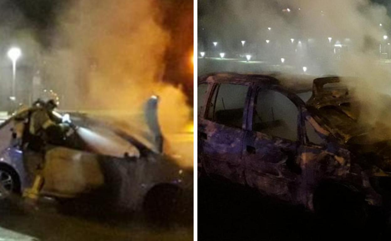 Los bomberos sofocan el fuego en los dos coches en Maruri. 