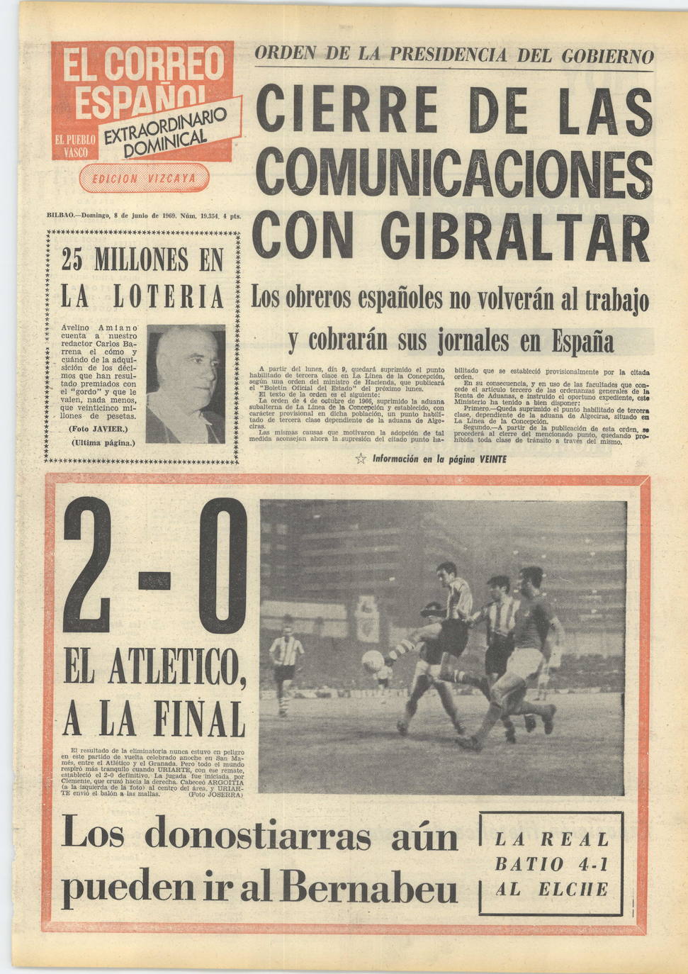 Portada de EL CORREO al día siguiente de derrotar al Granada y clasificarse para la final de la Copa.En la imagen, Uriarte sentencia la eliminatoria al marcar el 2-0 en San Mamés.