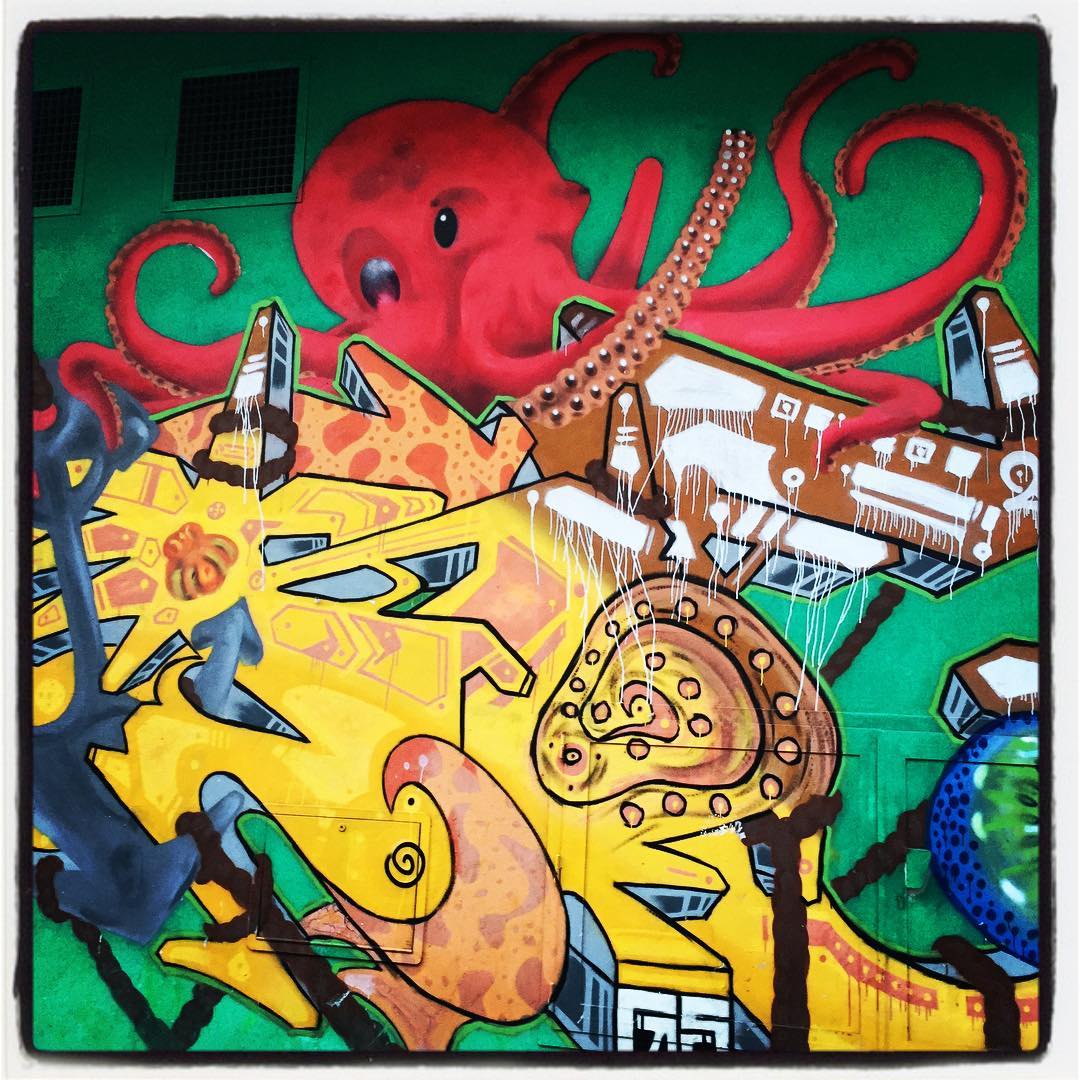 Este cefalópodo está considerado el más inteligente de todos los invertebrados. Aunque el pulpo común se encuentra en las aguas tropicales y templadas de los océanos del mundo, también es posible ver cómo alguna de sus representaciones resiste al característico frío de Vitoria. Este ejemplar puede apreciarse en los bajos de una fachada del barrio de San Cristóbal, muy cerca de las vías del tren.