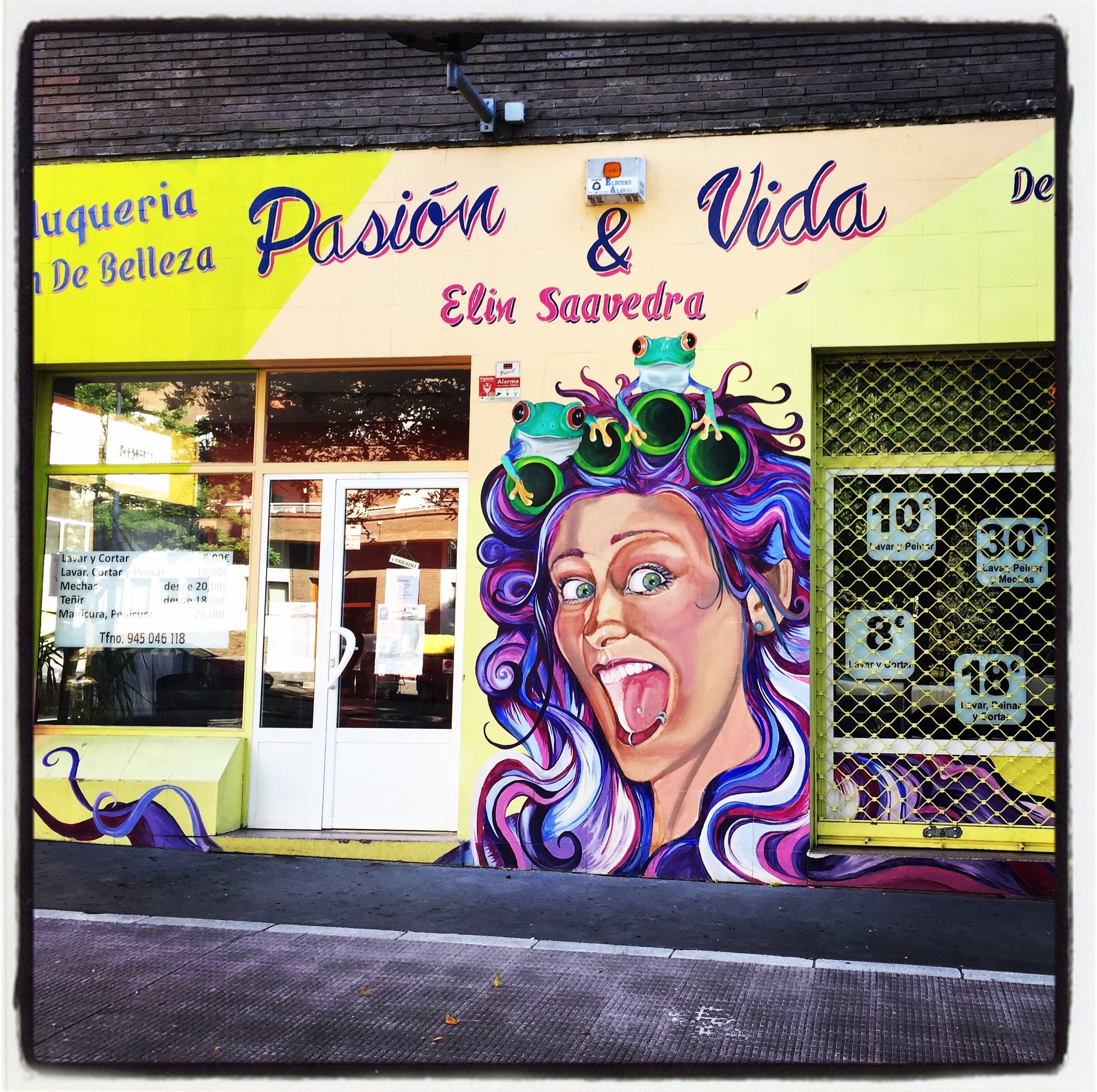 Esta peluquería y salón de belleza situado en el barrio de Zaramaga luce esta espectacular creación. Las ranitas se le han subido a la sorprendida mujer hasta los mismísimos rulos.