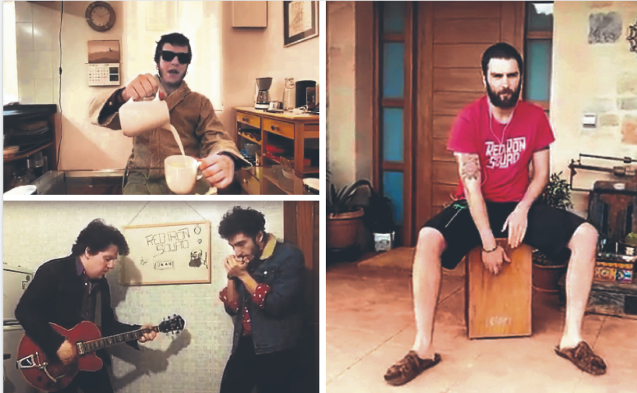 Dani Perea, voz y guitarra, en un momento del videoclip. Abajo e izquierda, varios compañeros en el audiovisual.