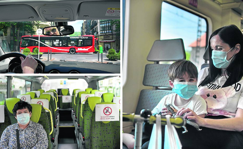 Arriba: El conductor de un coche ve pasar un autobús en el centro de Bilbao. Abajo: Una viajera solitaria en un Bizkaibus. Derecha: El tren es una de las alternavias a explorar. 