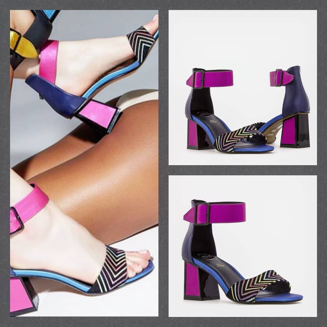 Modelo multicolor para eventos especiales con tacón cuadrado y hebilla ancha al tobillo, son de Exe Shoes y están en CALZADOS PASOS.