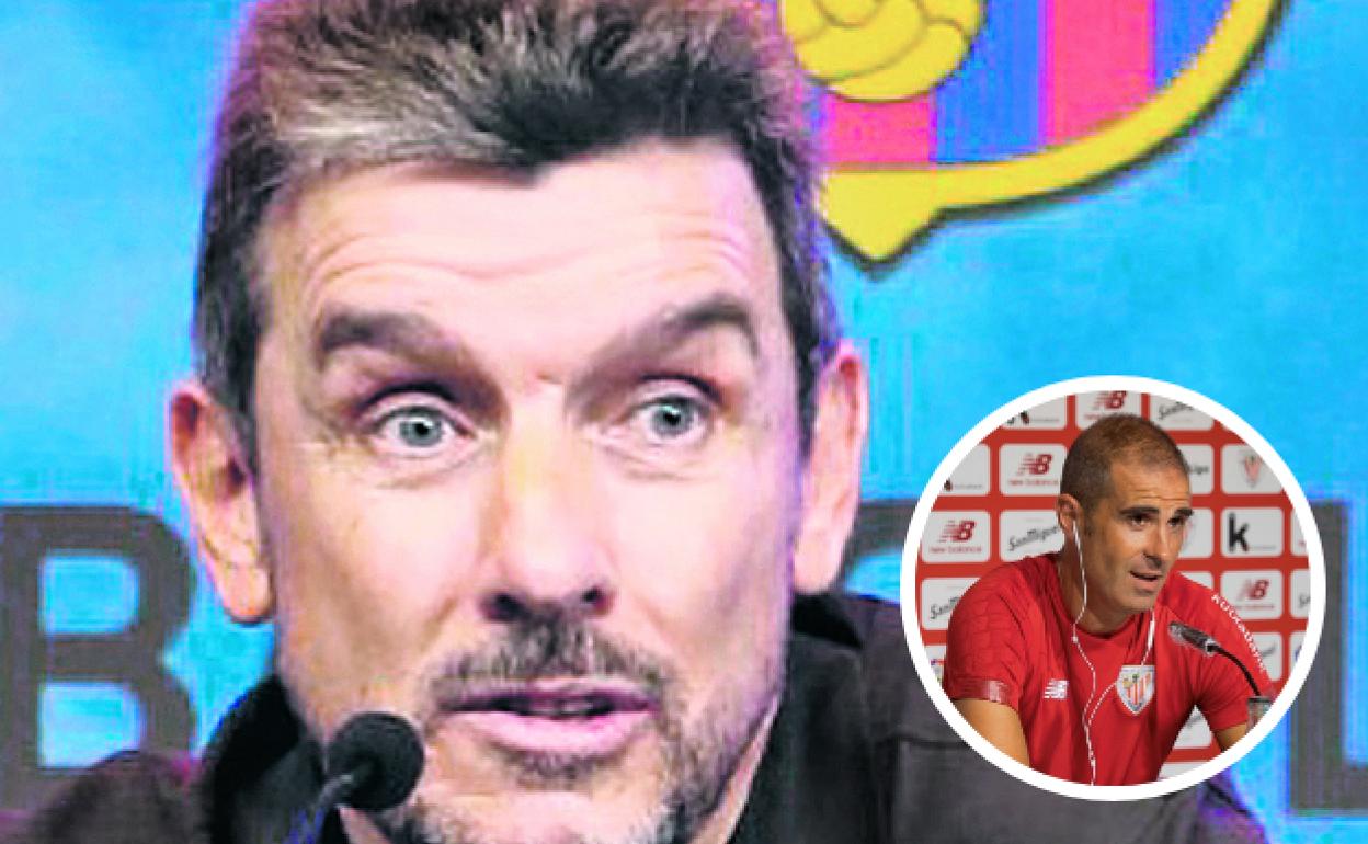 Unzúe, en la rueda de prensa en la que anunció que padece ELA, y Garitano.