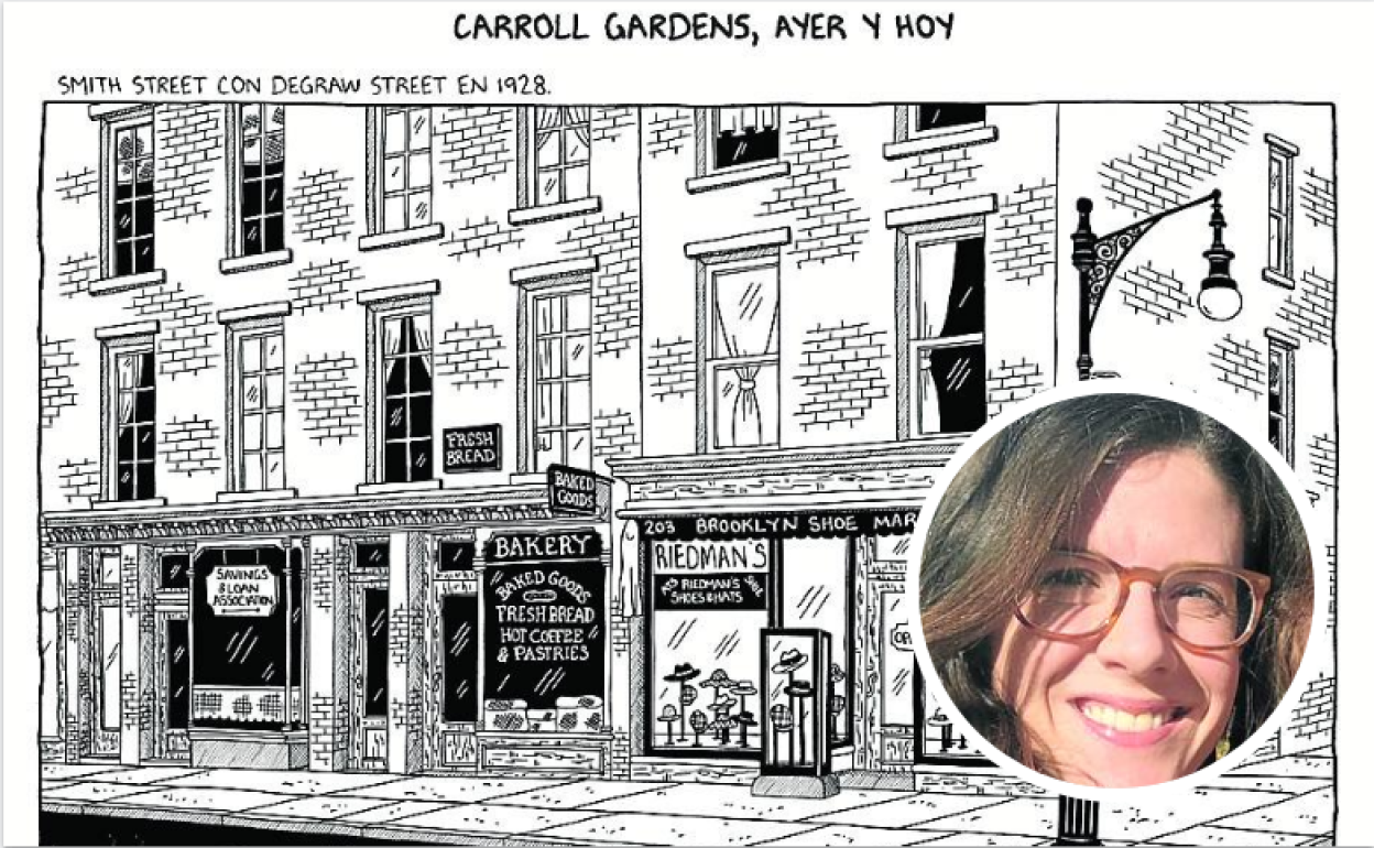 Julia Wertz muestra el paso del tiempo en calles y edificios. Debajo, la autora y la portada del cómic.
