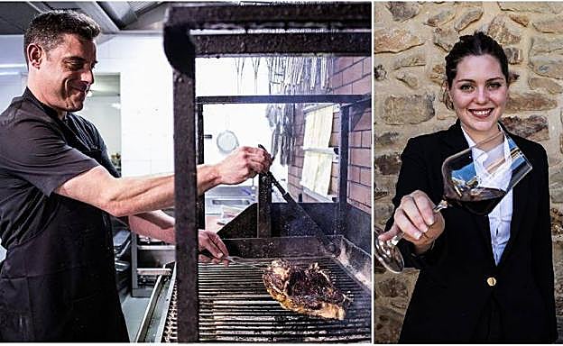 Los hijos: Jon asa una txuleta de vaca vieja en la parrilla. Olatz, comparte trabajo en sala con su padre y es la sumiller del asador 