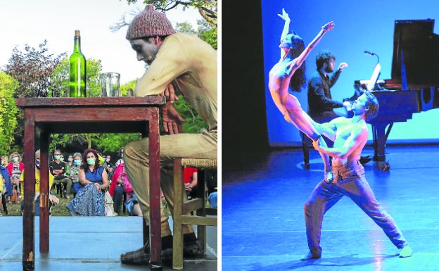 Actuación de la compañía Zurrunka en el parque de Aranbizkarra dentro del programa de actividades municipales al aire libre, y a su lado un espectáculo de danza.