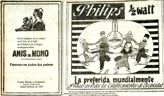 Otras dos muestras de la publicidad aparecida en 'El Pueblo Vasco': el Anís del Mono y las bombillas Philips.