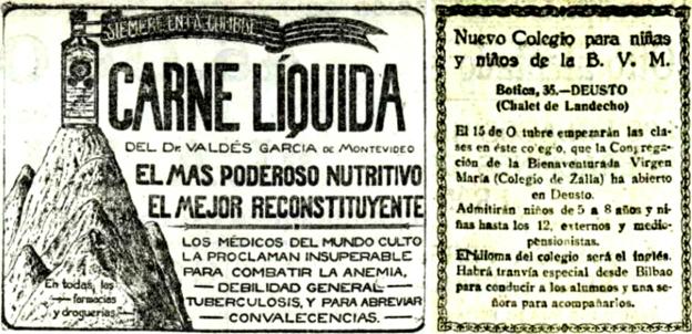 Dos anuncios de octubre de 1920: la carne líquida del doctor Valdés García, «siempre en la cumbre», y el nuevo colegio de Deusto, con clases en inglés.