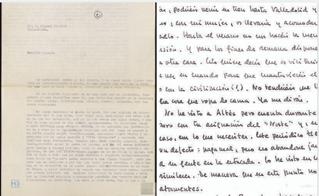 carta de Umbral a Delibes de septiembre de 1967, en la que trata de aclarar un malentendido en una entrevista concedida por el primero a Raúl del Pozo. A la derecha, carta de Delibes de abril de 1966 en la que tranquiliza a Umbral ante los problemas económicos que este sufre.