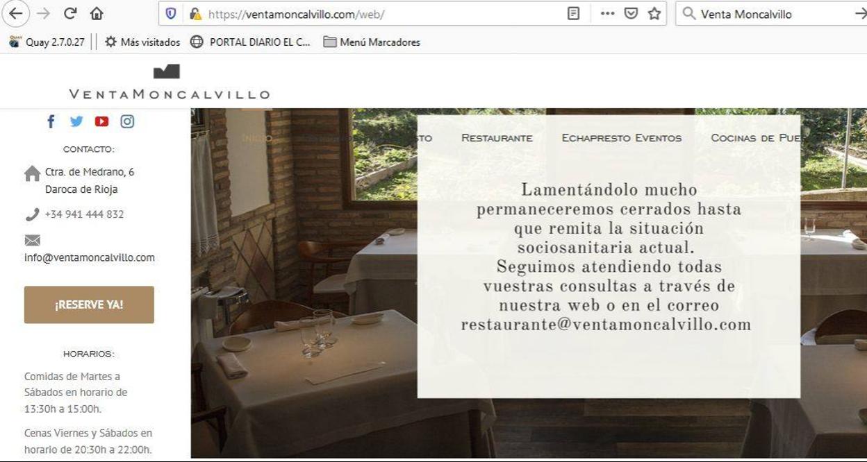 La web de Venta Moncalvillo anuncia el cierre temporal del restaurante.