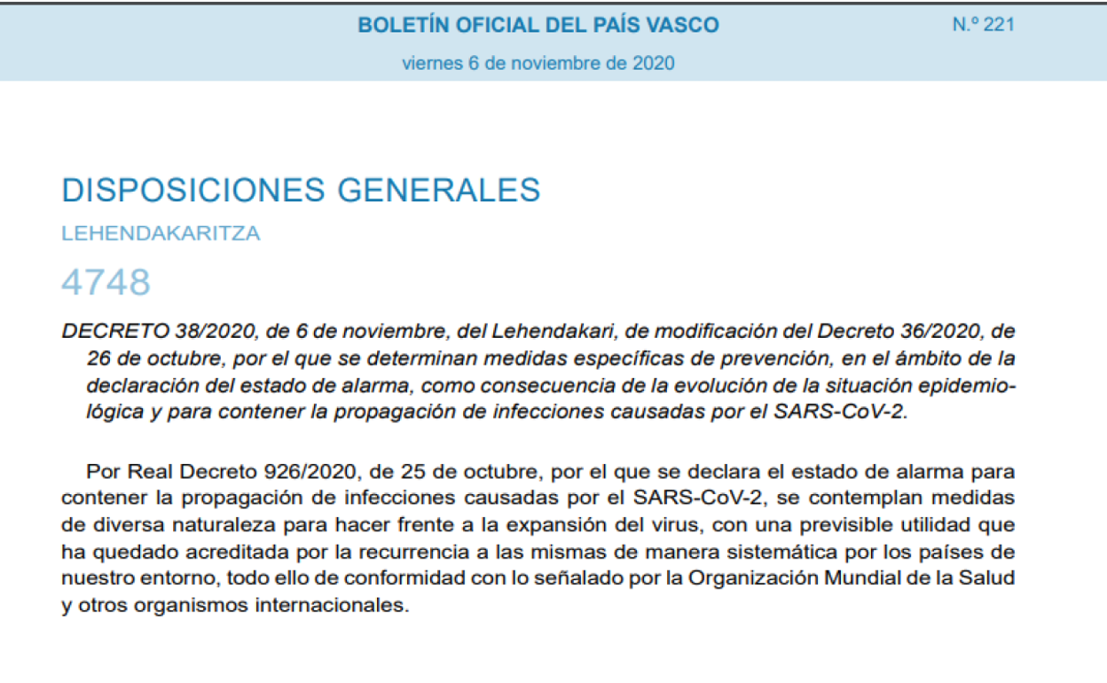 BOPV del 6 de noviembre de 2020: restricciones por el coronavirus en el País Vasco.