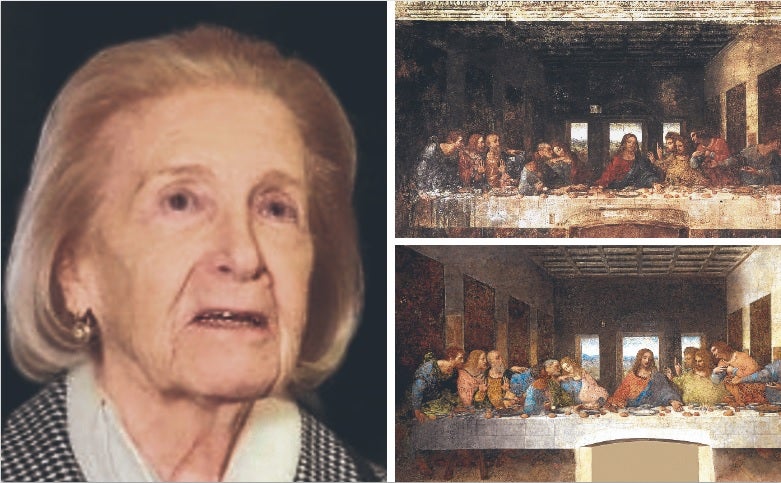 Pinin Brambilla, una de las grandes figuras de la restauración en el siglo XX. A la derecha, el estado de 'La última cena' antes y, abajo, después de su intervención. 