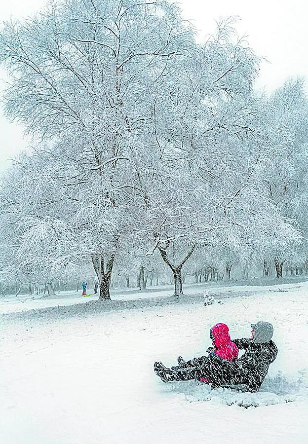 La nieve ya ha cuajado en las zonas altas de la provincia y muchos la aprovechan para divertirse. 