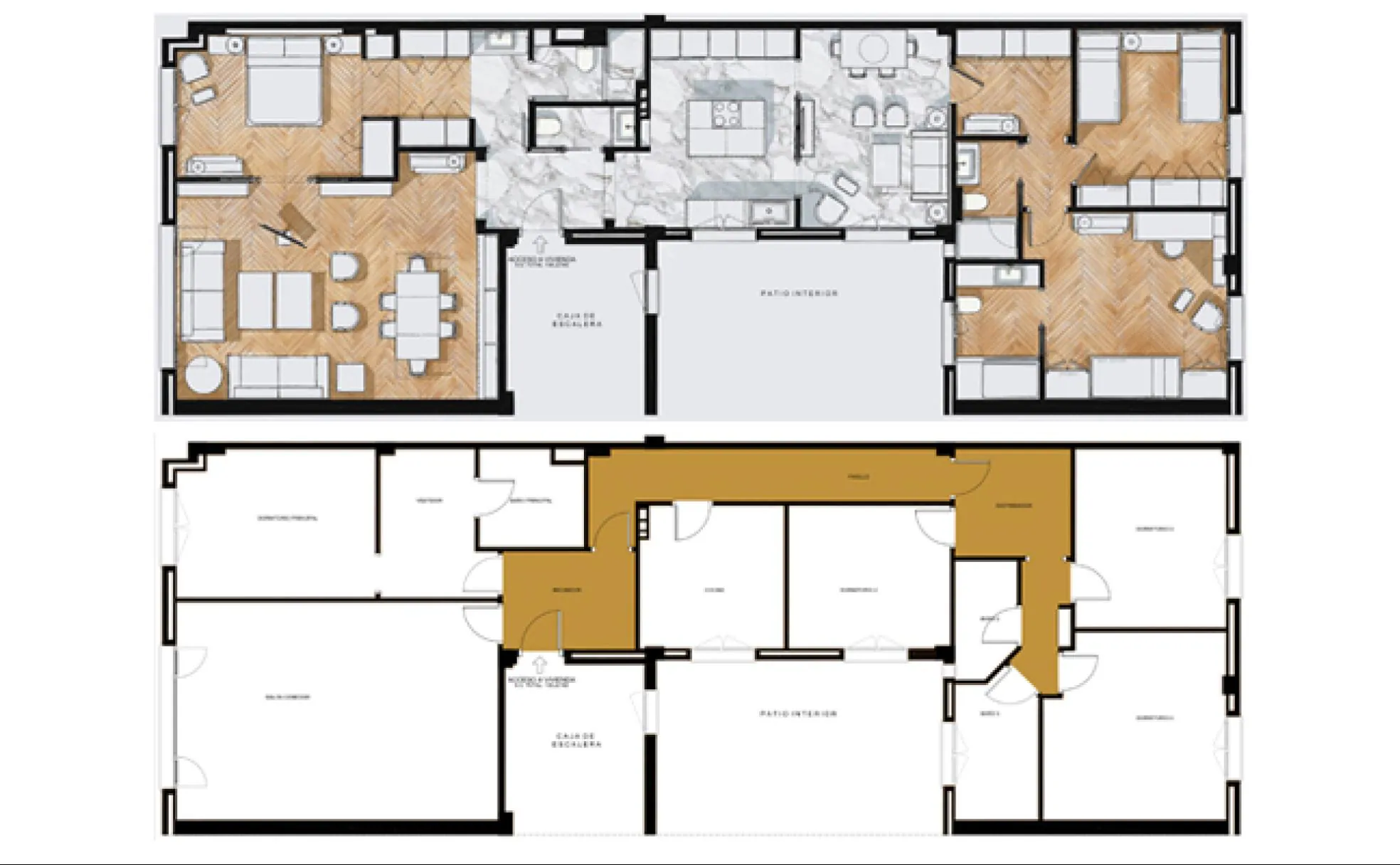 Arriba, un plano de la casa actual. Abajo, un plano de la misma vivienda según la distribución típica de hace unos años.