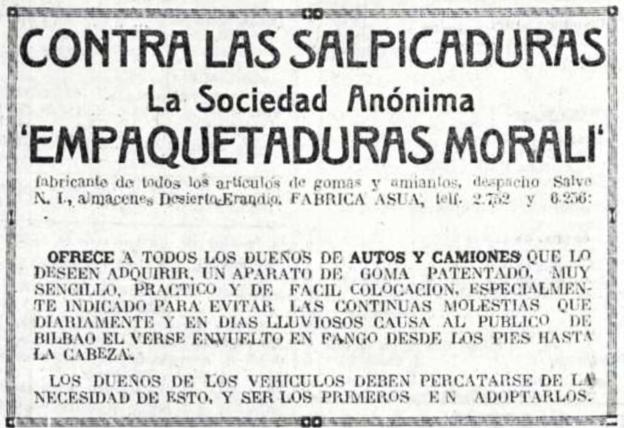 Anuncio de un artilugio para evitar las salpicaduras de los vehículos, publicado en 'El Pueblo Vasco'.