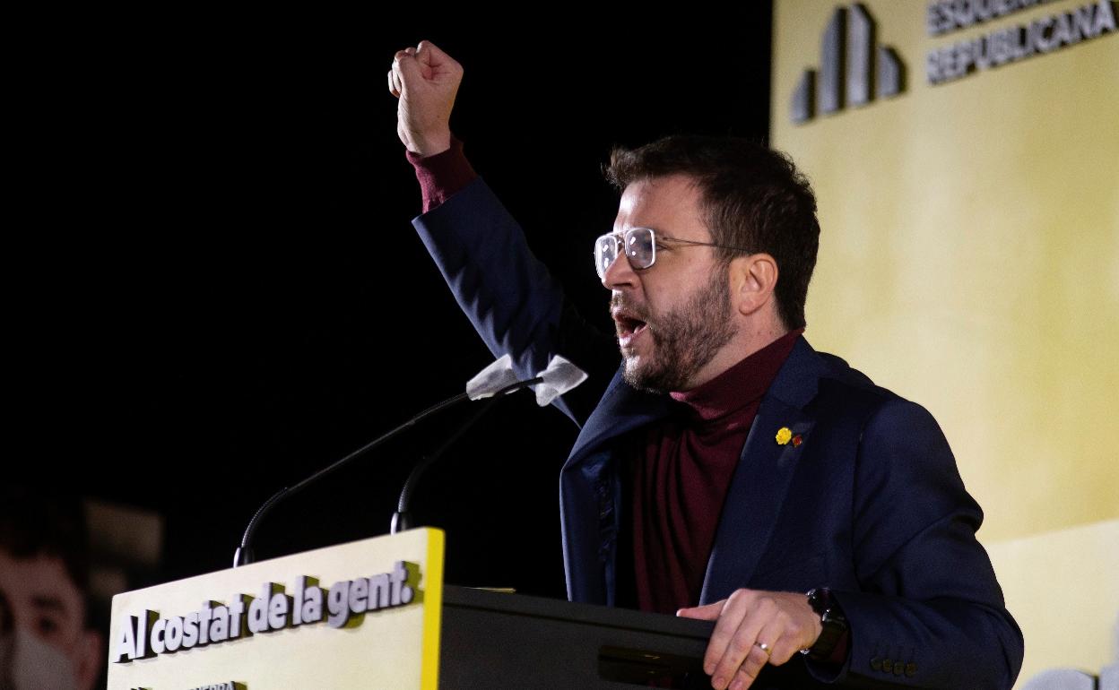 Pere Aragonés durante el acto electoral que los republicanos celebran el viernes en Barcelona. 