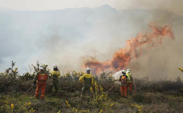 Bomberos trabajan en la zona activa del incendio. 