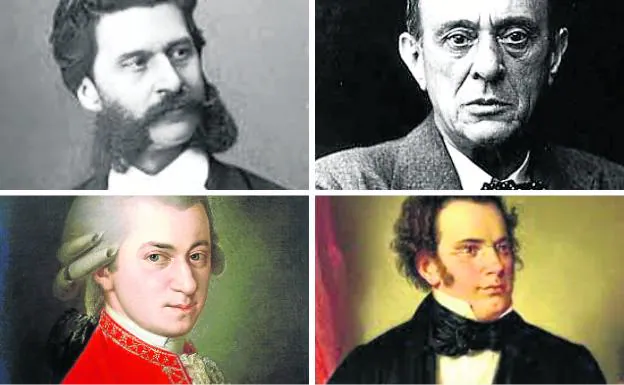 Arriba, Johann Strauss hijo y Arnold Schoenberg. Debajo, Wolfgang Amadeus Mozart y Franz Schubert.