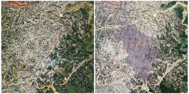 Una imagen combinada de fotos satelitales muestra el campamento de Balukhali, un campamento para refugiados rohingya, antes (IZQ) y después de un incendio cerca de Cox's Bazar, Bangladesh