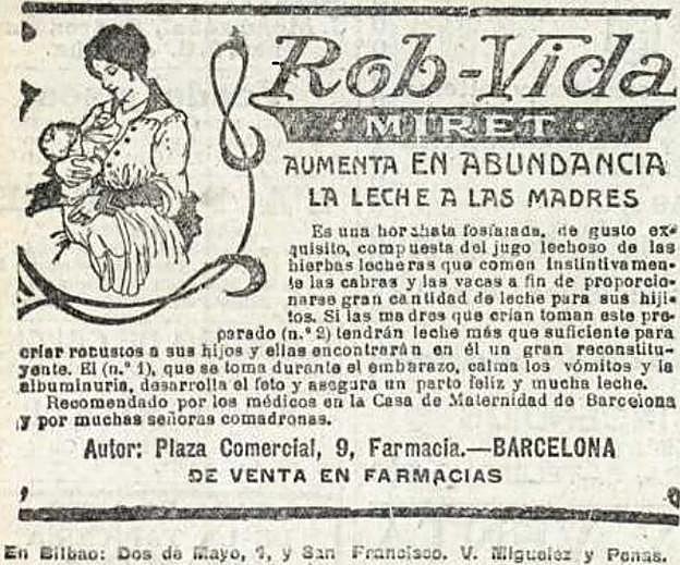 Anuncio de la horchata fosfatada Rob-Vida, fabricada con «el jugo lechoso de las hierbas lecheras que comen instintivamente las cabras y las vacas».