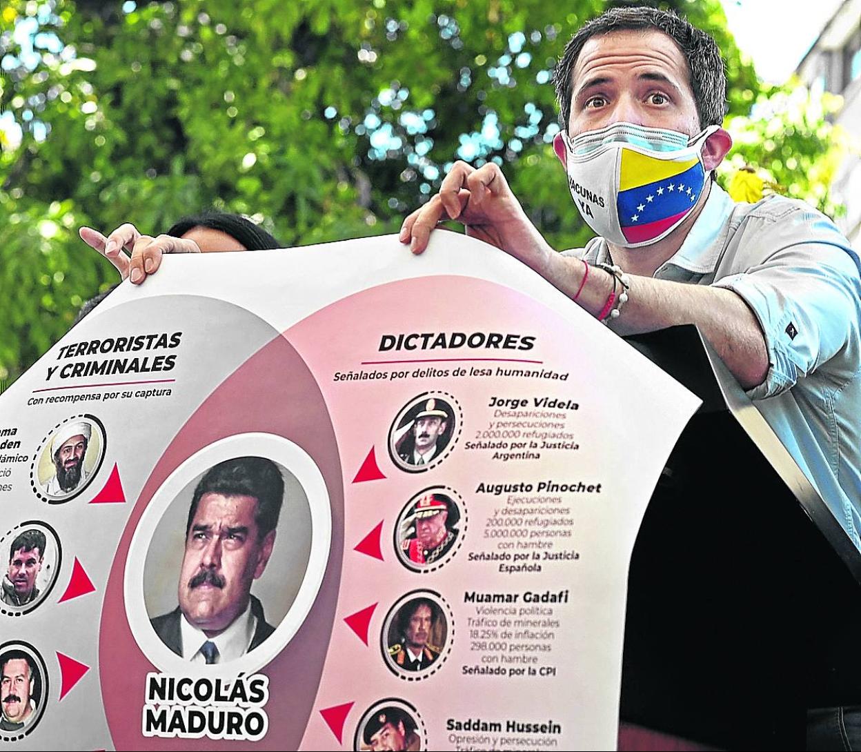 Juan Guaidó muestra un cartel que vincula a Maduro con criminales, terroristas y dictadores. 