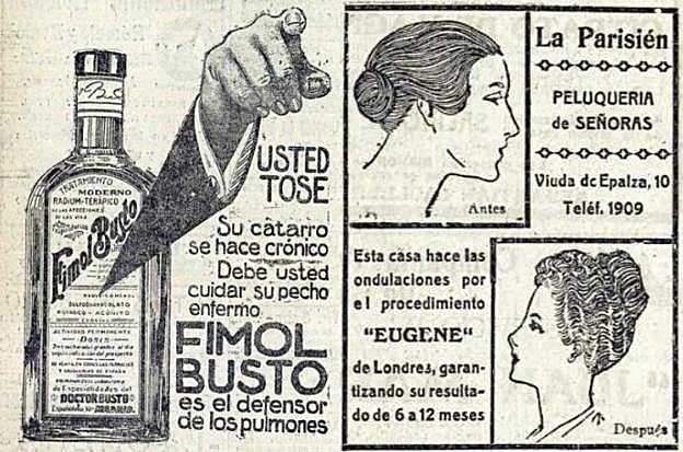 Publicidad de Fimol Busto, «el defensor de los pulmones», y la peluquería La Parisién.