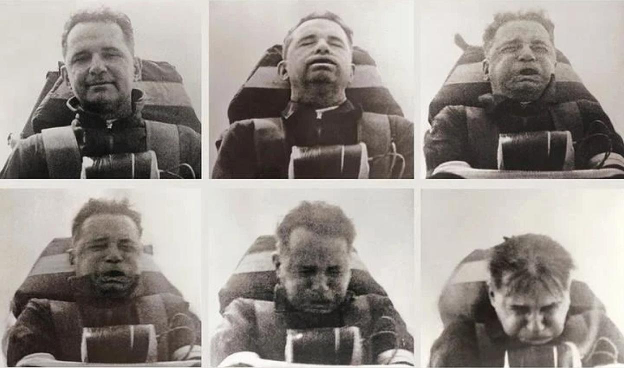 Seis imágenes de John Stapp durante una de las pruebas.