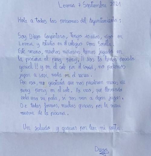 La carta de Diego, un niño de Lerma dirigida al Ayuntamiento.