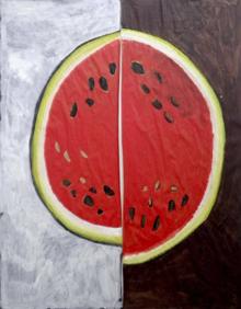 Imagen secundaria 2 - Dos pinturas de Nashashibi. En la segunda imagen, Lorea Alfaro, al frente de una de las piezas adquiridas por el museo. 