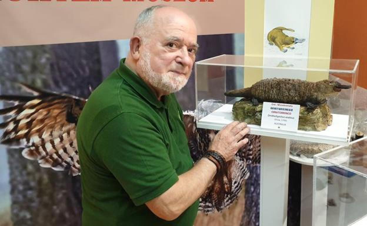 Enrike Huerta posa junto a su querido ornitorrinco, la joya de la exposición.