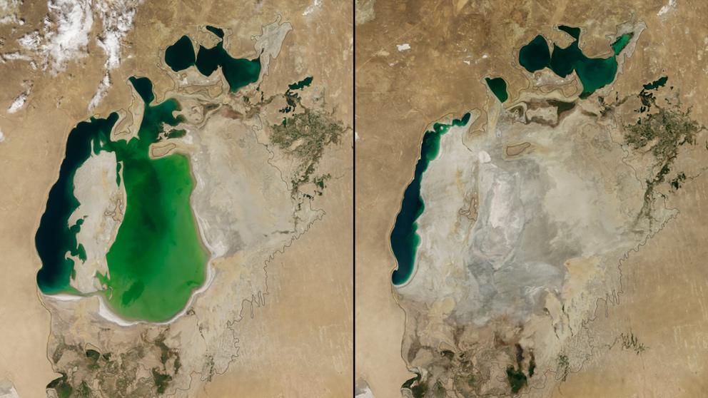 Imagen satélite que muestra la disminución del tamaño del Mar de Aral. 