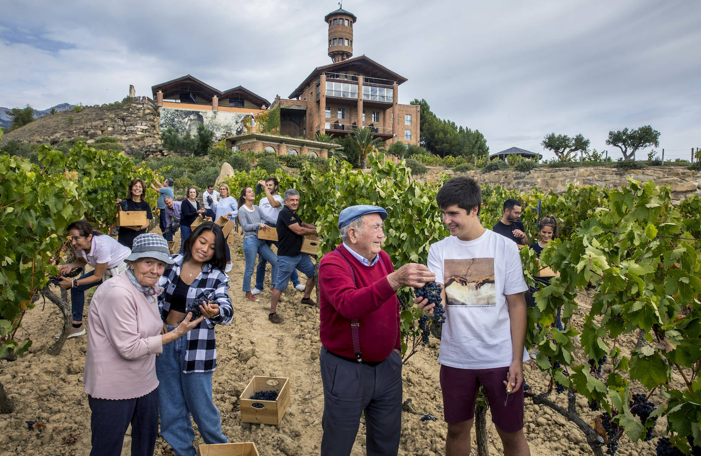 La familia posa entre los viñedos, en plena vendimia. En primer plano, Mercedes Cendoya junto a su nieta Begoña Valdés y Vitorino Eguren con Jon Larrabide, también su nieto. Tras ellos, Mercedes Eguren, Asunción Eguren, José Ignacio Valdés, Vicente Ruiz, Natividad López de Munain, Santiago Pou, Alicia Blázquez, Itsaso Larrabide, Alvaro Pou, Pablo Jesús Larrabide , Brice Ramananarivo y Lorea Larrabide. 