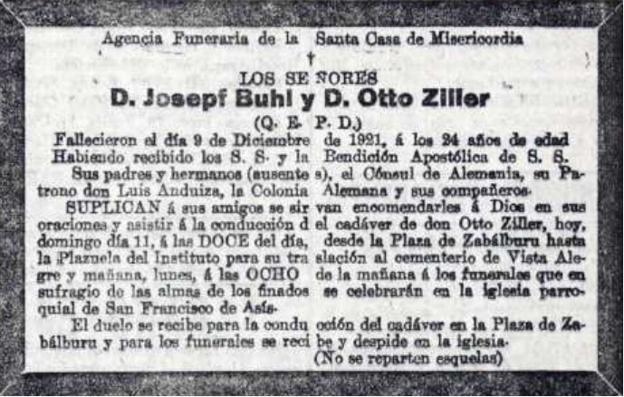 La esquela de Buhl y Ziller publicada en la prensa bilbaína.