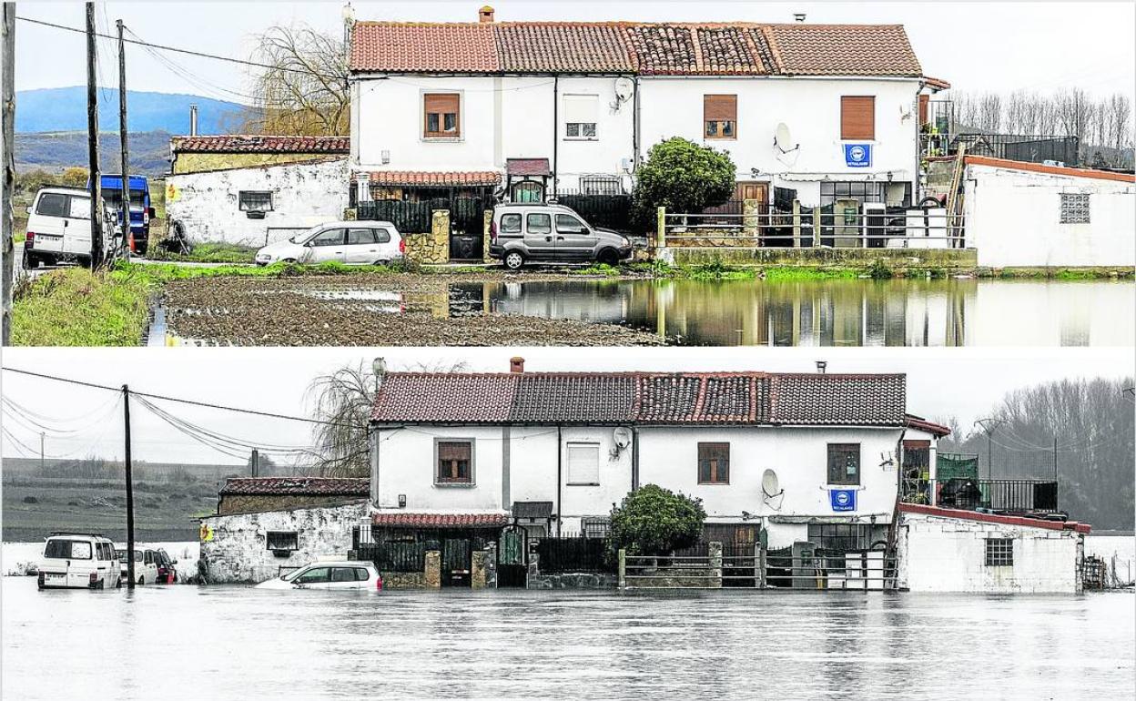 La crecida del Zadorra se observa bien en esta finca de Durana, retratada el miércoles y ayer. 