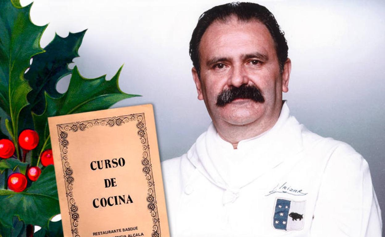 Retrato de Luis Irizar en 'Maestro de maestros' (Abalon Books 2021) y uno de sus recetarios.