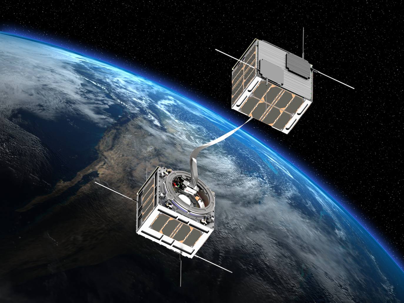 Recreación del sistema de 'ancla' que podrá hacer que los satélites regresen a la atmósfera terrestre una vez concluida su vida útil. 
