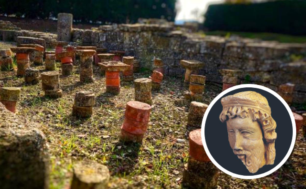 El hipocausto o sistema de calefacción de las termas romanas de Arkaia y, en detalle, la cabecilla de Baco. 