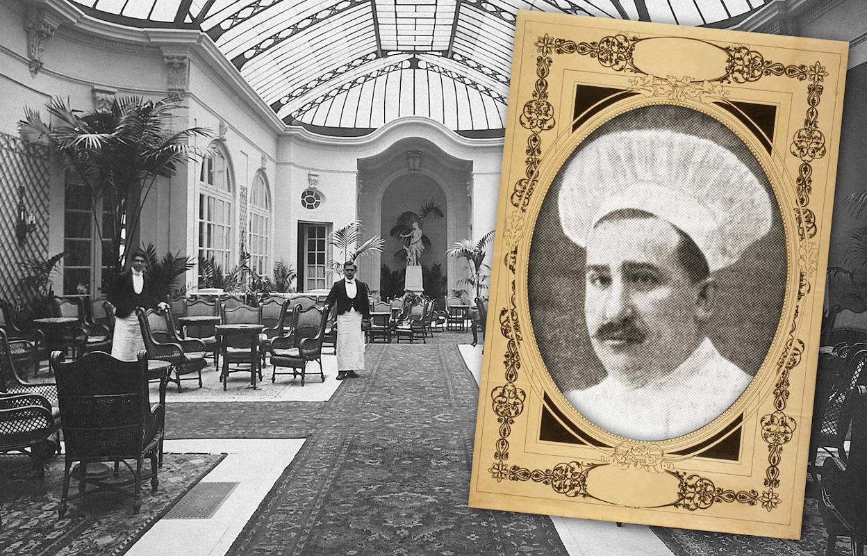 Interior del Hotel Ritz en 1910 (Archivo ABC) y retrato de Antonio Azcoaga (El Gorro Blanco, 1919).