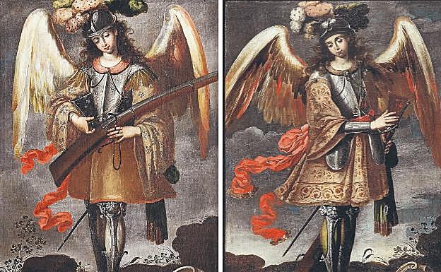 Dos ángeles arcabuceros, pintados por artistas de la Escuela de Cuzco, hacia 1760.