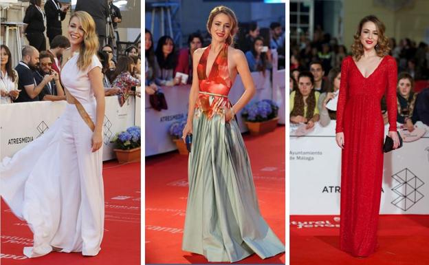 Silvia Abascal en la alfombra (de izquierda a derecha) con mono blanco con cola de Stephane Rolland, de Elie Saab y con traje rojo de brillo de Hoss. 