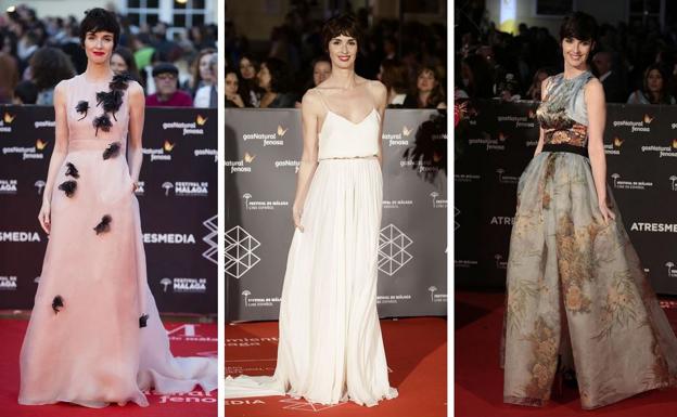 Paz Vega en tres de sus mejores versiones en la alfombra del Festival de Málaga: con vestido nude con aplicaciones florales de The 2nd Skin Co, con diseño blanco 'minimal de Antonio García y con modelo floral de Hannibal Laguna. 